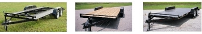 Image of three car trailers, one with the runners, one with a wood deck and one with a metal deck.